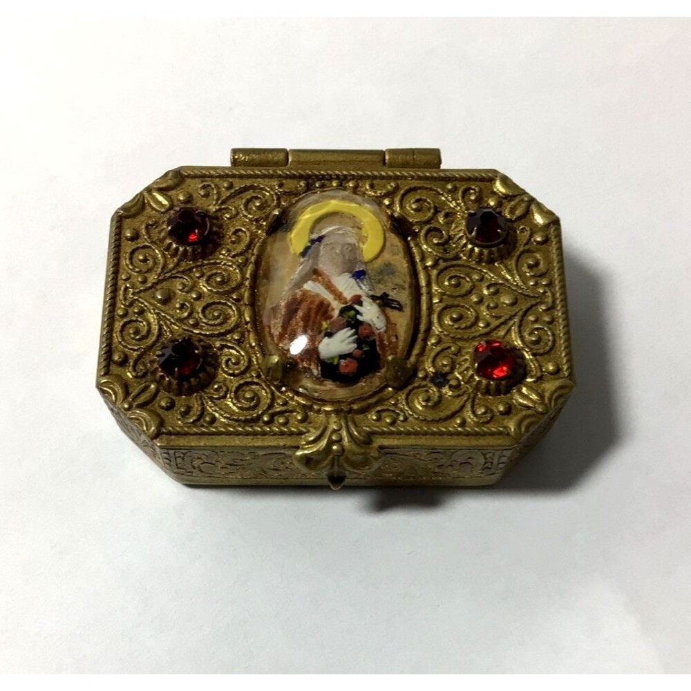 Antique Brass Rhinestone Rosary Holder Trinket Box St. Therese Of Lisieux Jewele